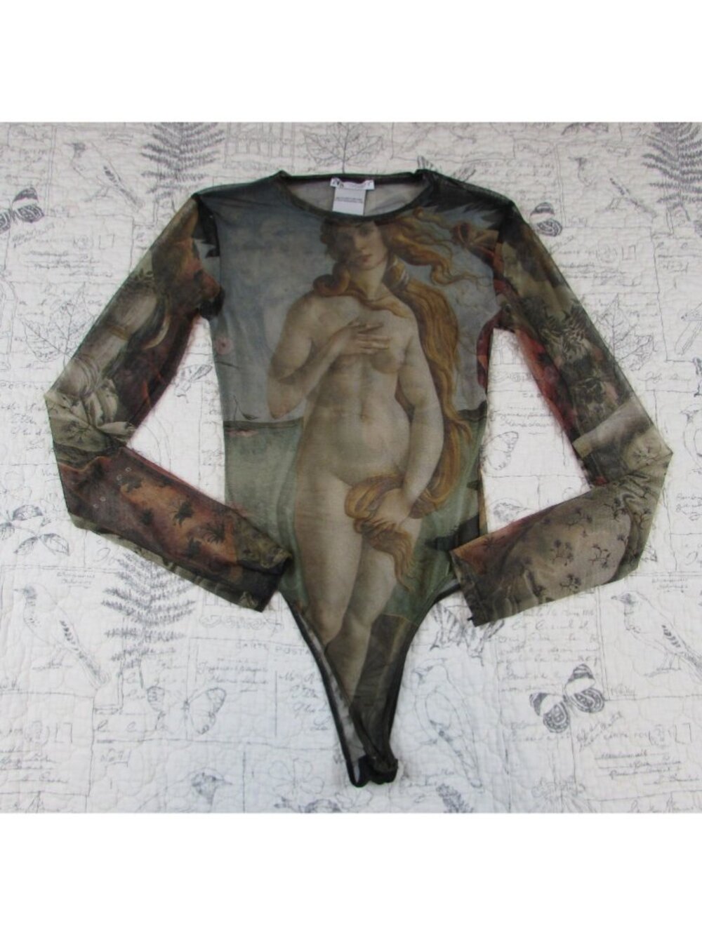 Mesh Tattoo Top Birth of Venus Long Slv Shirt Y2K Goddess Bodysuit Gothcore M - Picture 3 of 7